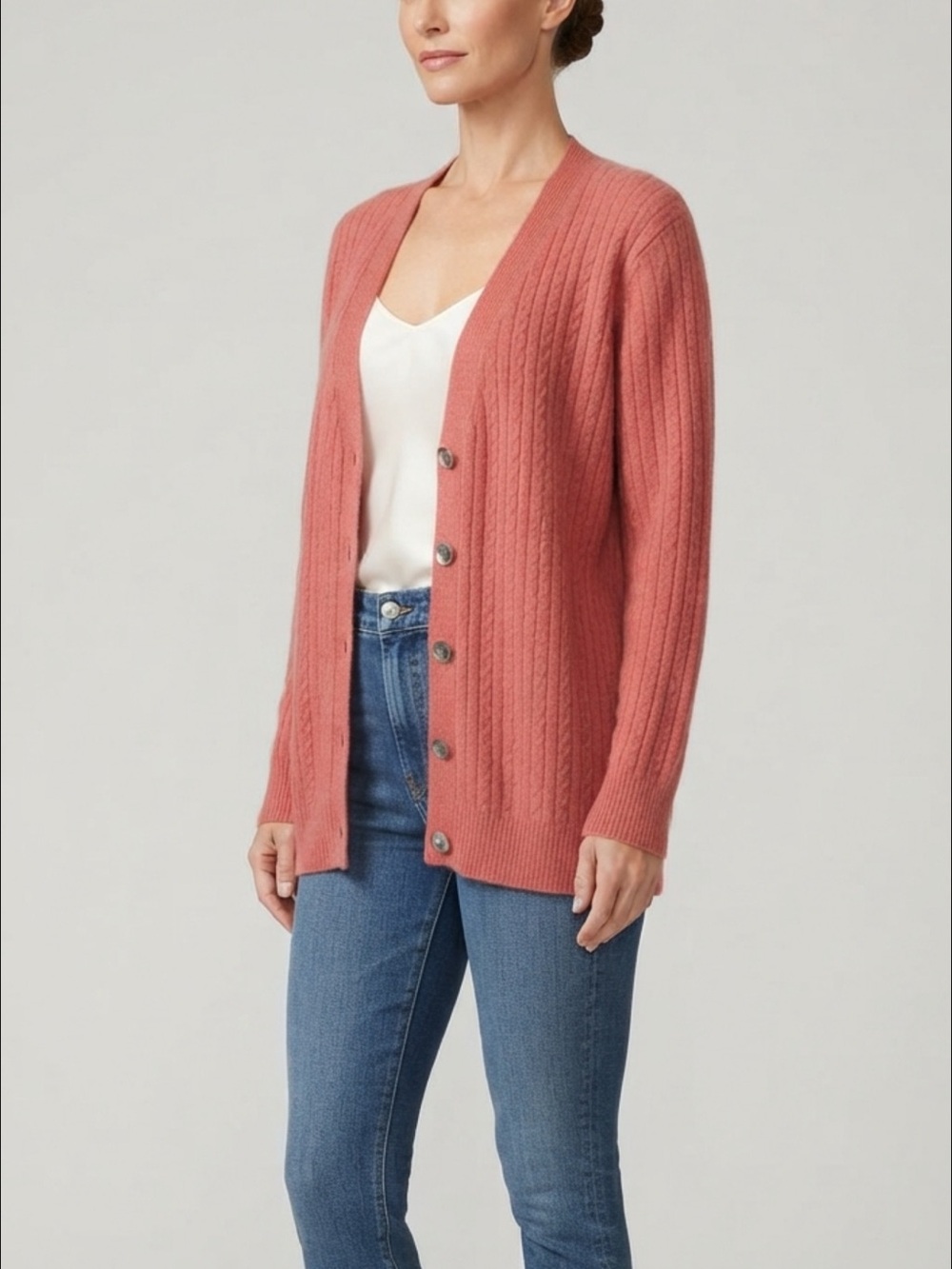 Precious Fibers Cashmere & Silk Cable-Knit Button Cardigan in Dusty Coral - L